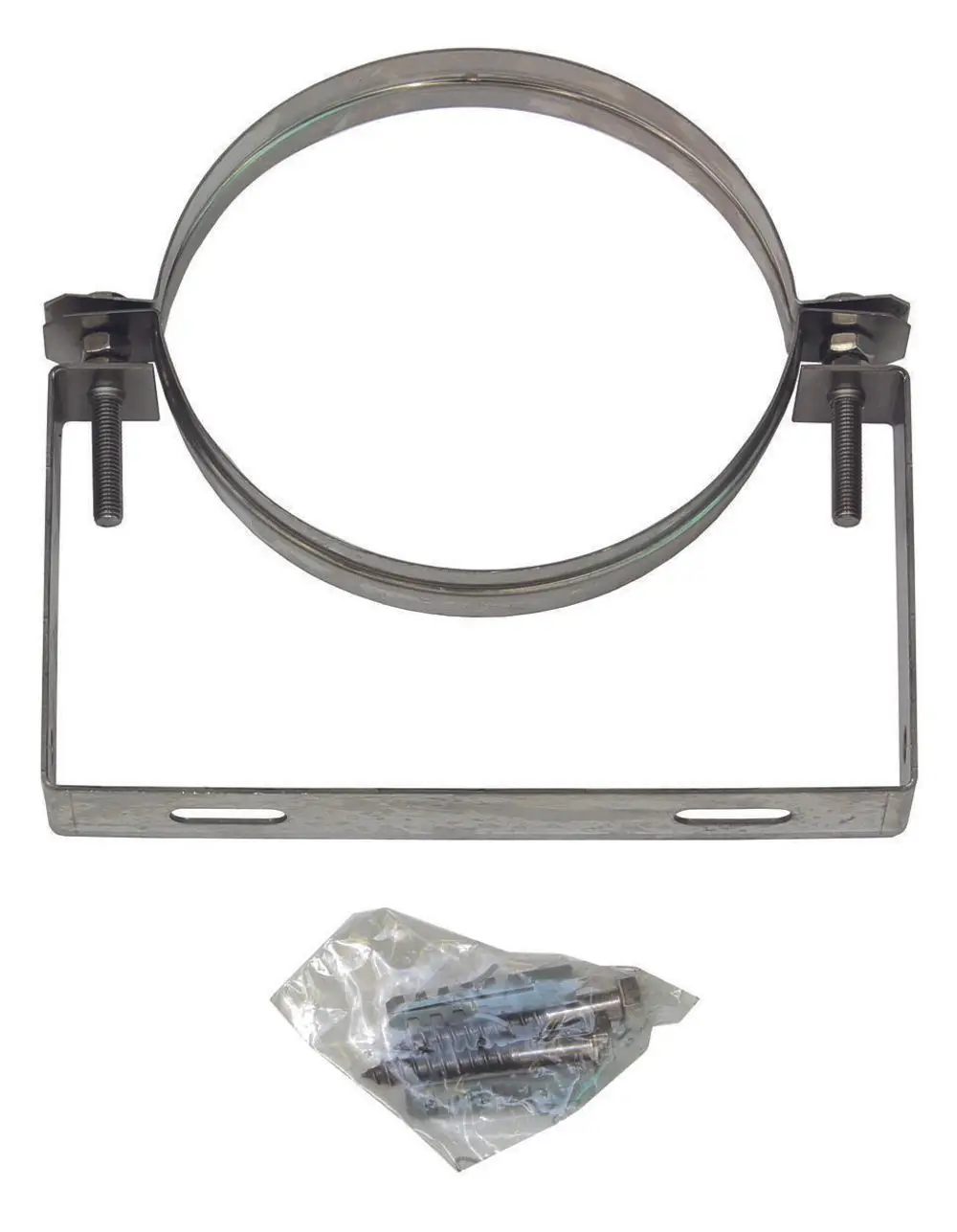 Edelstahlhalterung mit einem runden Ring und zwei Schrauben, zusammen mit einer Tüte mit Montagematerial. Geeignet für die Installation von Vaillant-Produkten.